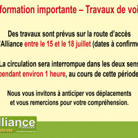 Information importante - Travaux à prévoir sur la route d’accès à l’Alliance de Peyrat de Bellac